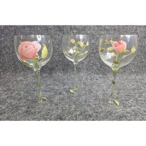Hand-Painted Floral Wine Glass Set Of 3 Pink Roses 7.5" Tall Rose Balloon